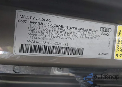 2007 Audi A4 2.0T из США, поврежденный, VIN WAUAF48H37K028939